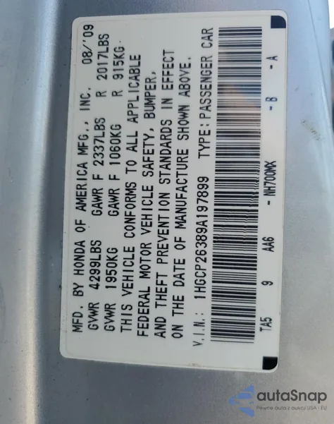 2009 Honda Accord Lx from USA, damaged, VIN 1HGCP26389A197899